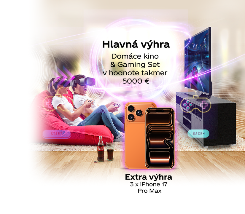 Hlavná výhra: Domáce kino a Gaming Set v hodnote takmer 5 000 €. Extra výhra: 3× iPhone 17 Pro Max.