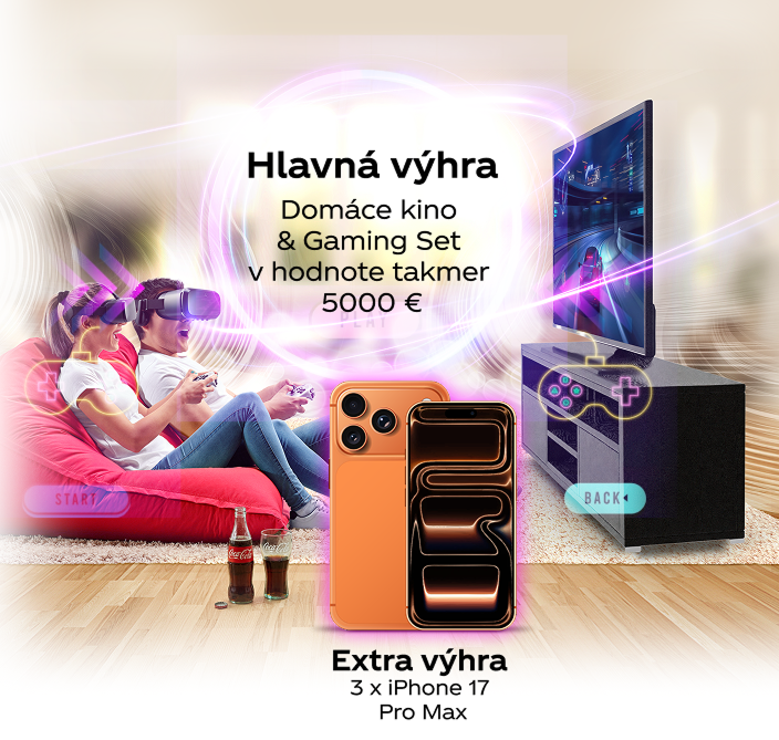 Hlavná výhra: Domáce kino a Gaming Set v hodnote takmer 5 000 €. Extra výhra: 3× iPhone 17 Pro Max.